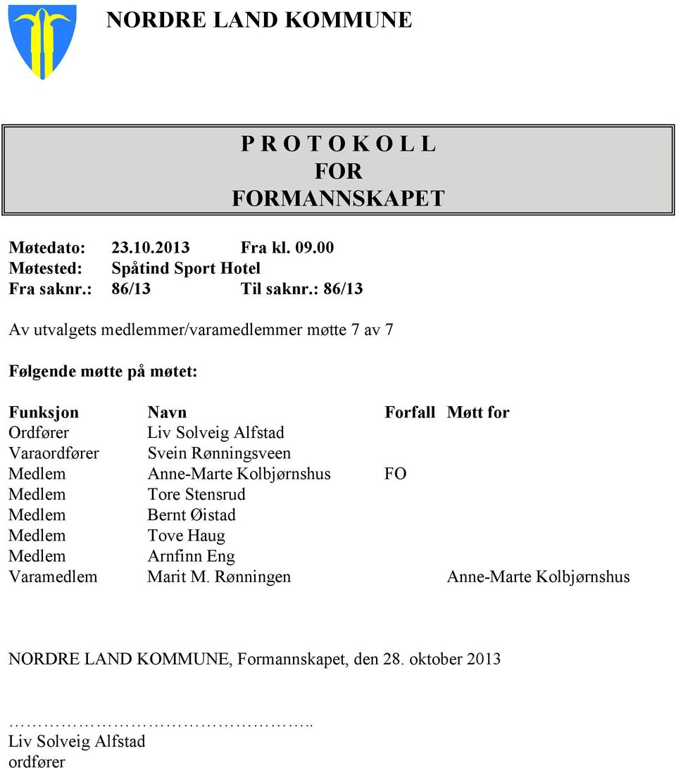 : 86/13 Av utvalgets medlemmer/varamedlemmer møtte 7 av 7 Følgende møtte på møtet: Funksjon Navn Forfall Møtt for Ordfører Liv Solveig Alfstad