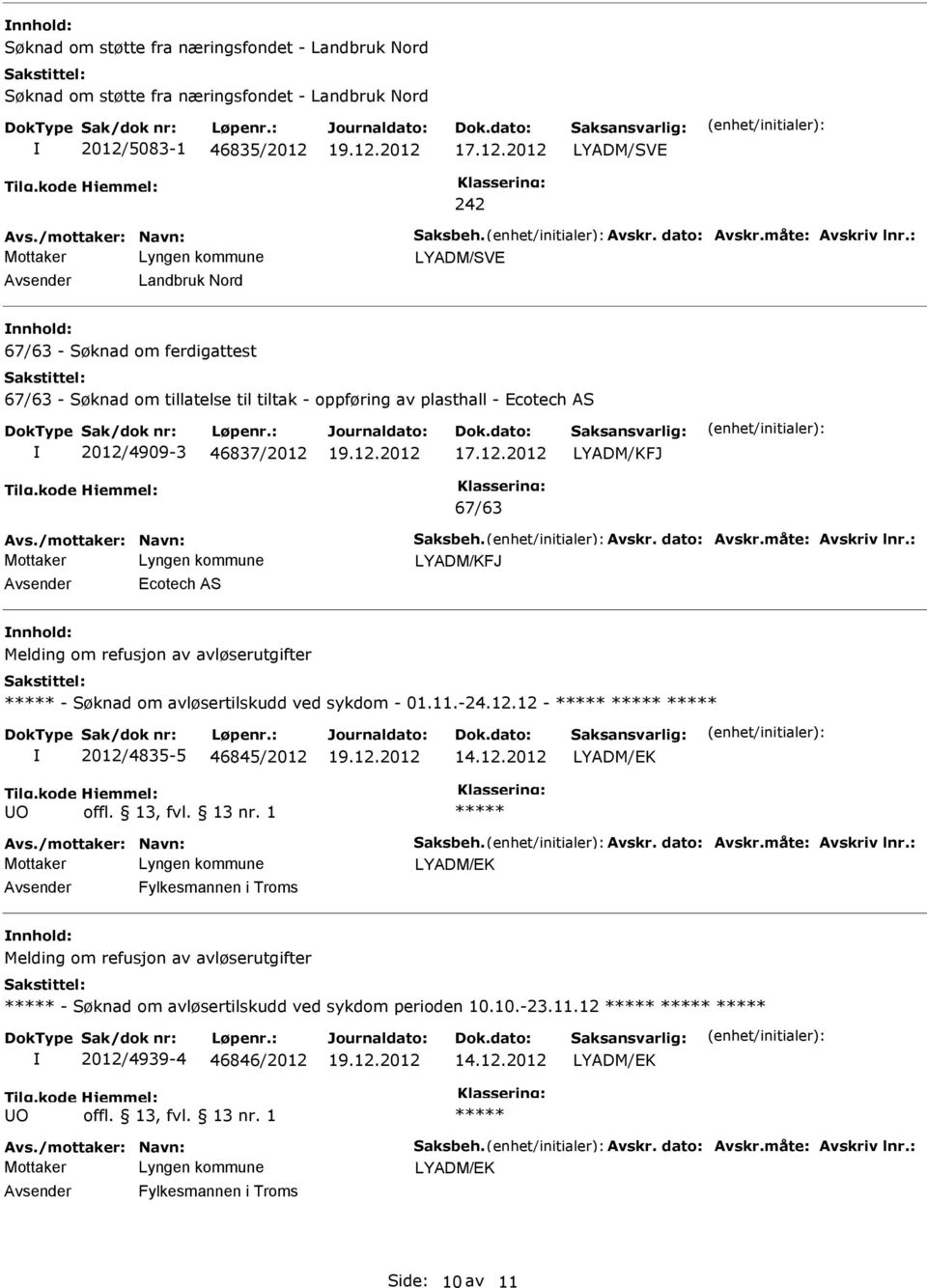 LYADM/KFJ Ecotech AS nnhold: Melding om refusjon av avløserutgifter - Søknad om avløsertilskudd ved sykdom - 01.11.-24.12.12-2012/4835-5 46845/2012 O offl. 13, fvl.