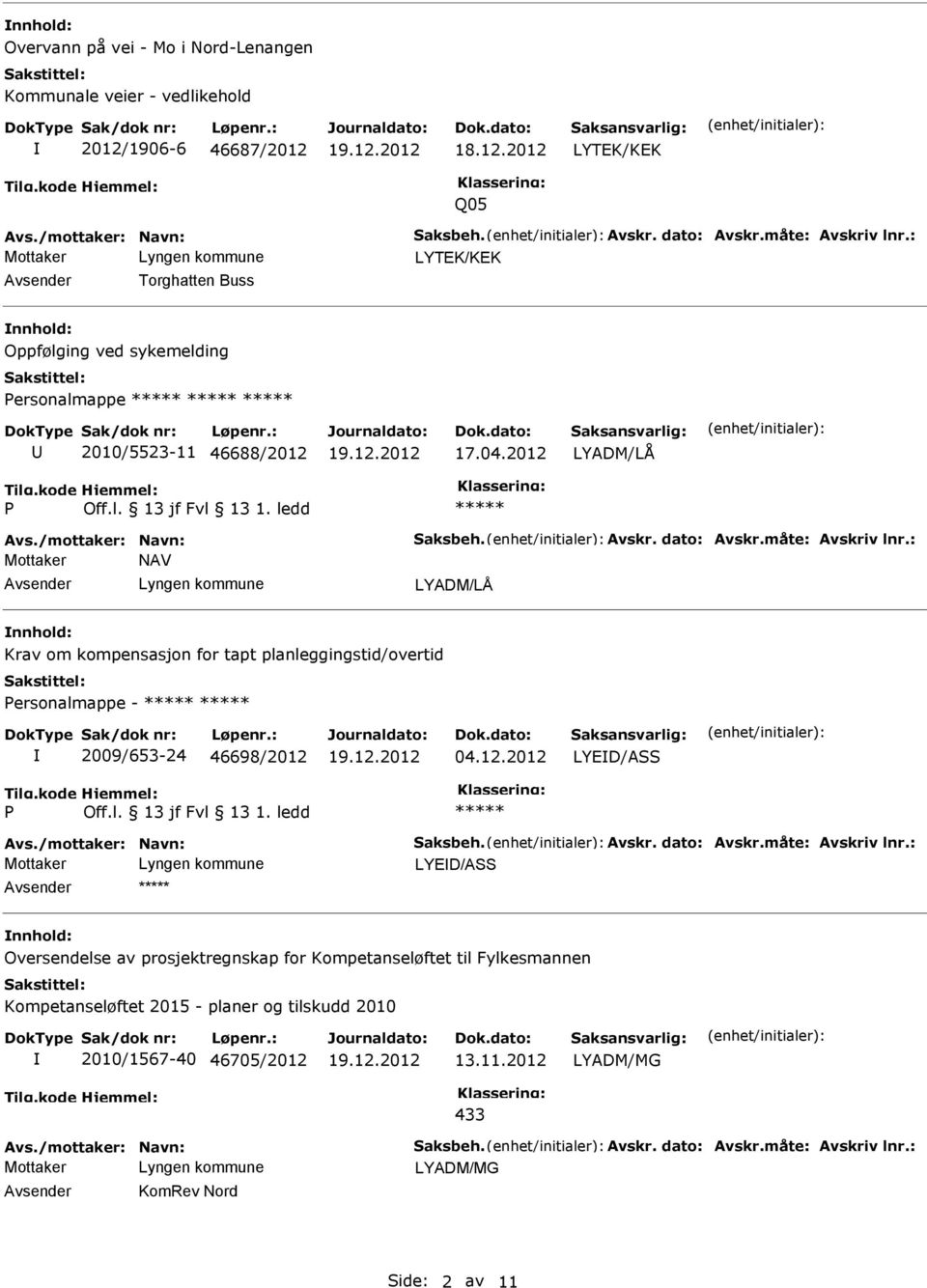 2012 LYADM/LÅ Mottaker NAV LYADM/LÅ nnhold: Krav om kompensasjon for tapt planleggingstid/overtid ersonalmappe - 2009/653-24 46698/2012