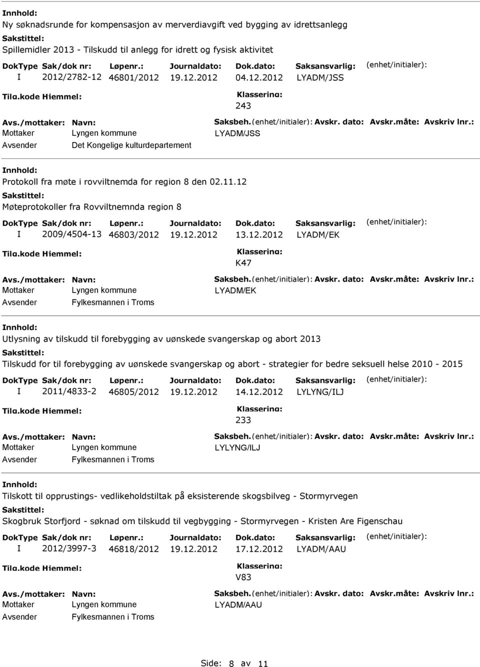 12 Møteprotokoller fra Rovviltnemnda region 8 2009/4504-13 46803/2012 13.12.2012 K47 nnhold: tlysning av tilskudd til forebygging av uønskede svangerskap og abort 2013 Tilskudd for til forebygging av