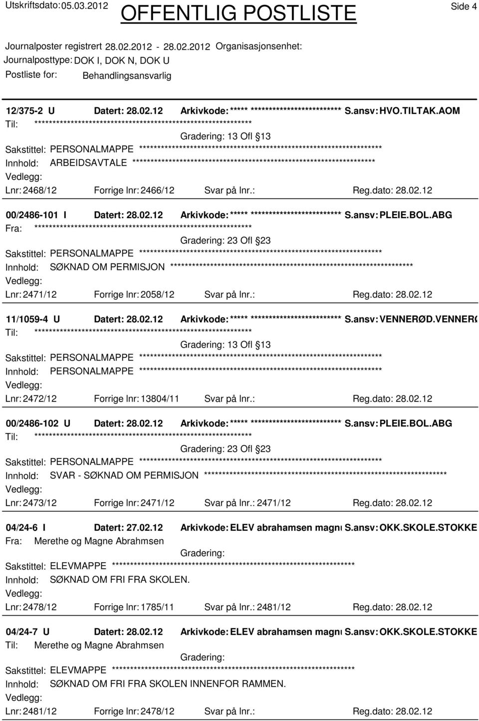 dato: 28.02.12 11/1059-4 U Datert: 28.02.12 Arkivkode:***** ****************************** S.ansv: VENNERØD.VENNERØD.UN 13 Ofl 13 Innhold: PERSONALMAPPE Lnr: 2472/12 Forrige lnr: 13804/11 Svar på lnr.