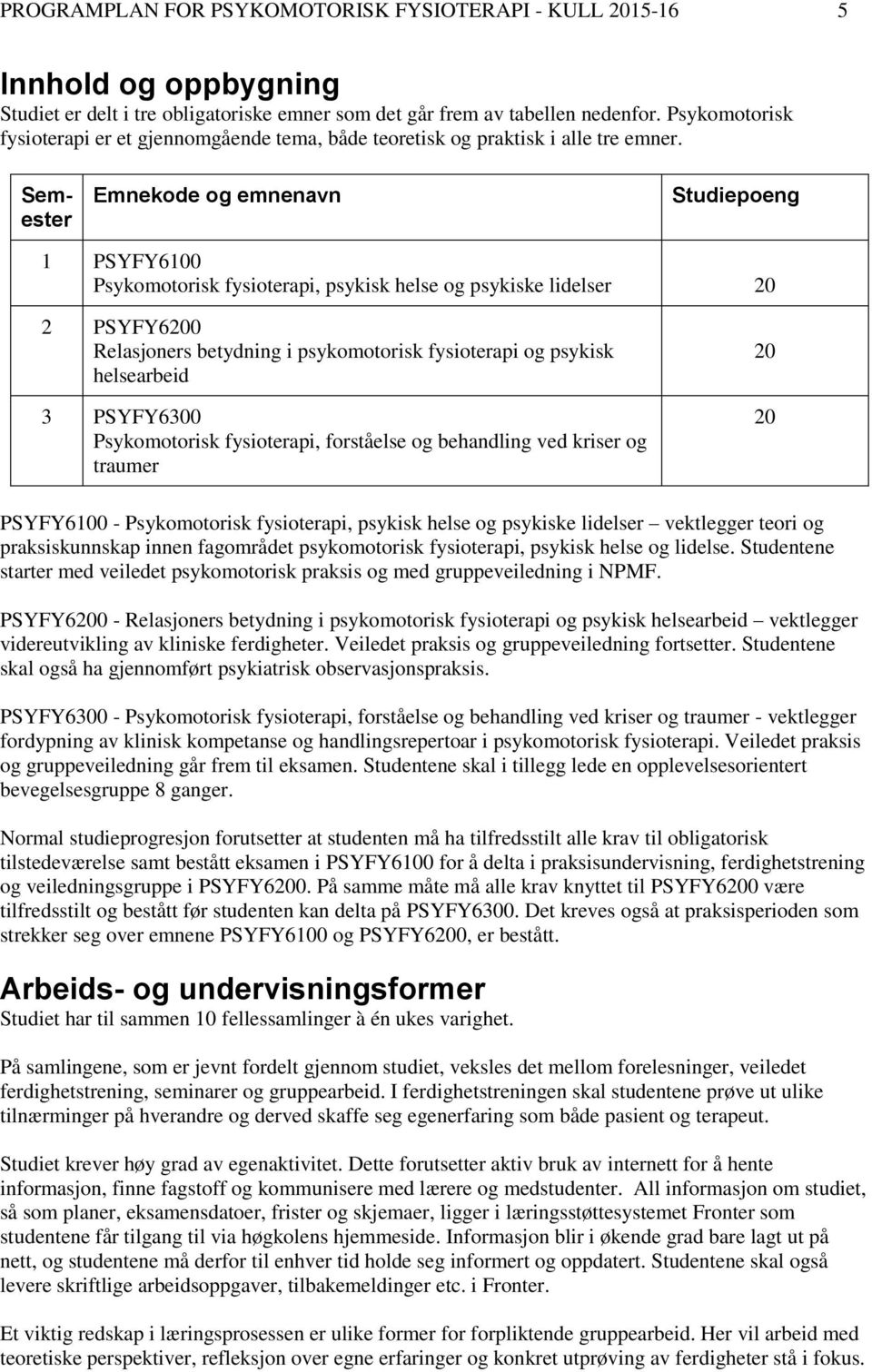 Semester Emnekode og emnenavn Studiepoeng 1 PSYFY6100 Psykomotorisk fysioterapi, psykisk helse og psykiske lidelser 20 2 PSYFY6200 Relasjoners betydning i psykomotorisk fysioterapi og psykisk