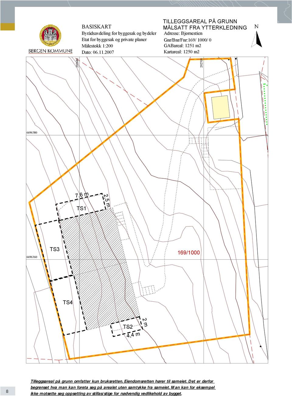 6696380 TS1 6696360 TS3 169/1000 TS4 TS2 8 Tilleggsareal på grunn omfatter kun bruksretten. Eiendomsretten hører til sameiet.