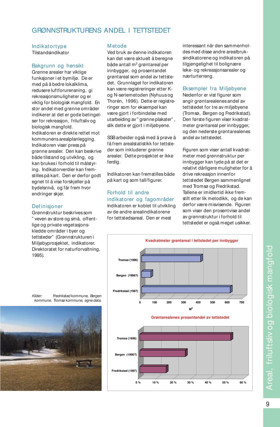 En stor andel med grønne områder indikerer at det er gode betingelser for rekreasjon, friluftsliv og biologisk mangfold. Indikatoren er direkte rettet mot kommunens arealplanlegging.