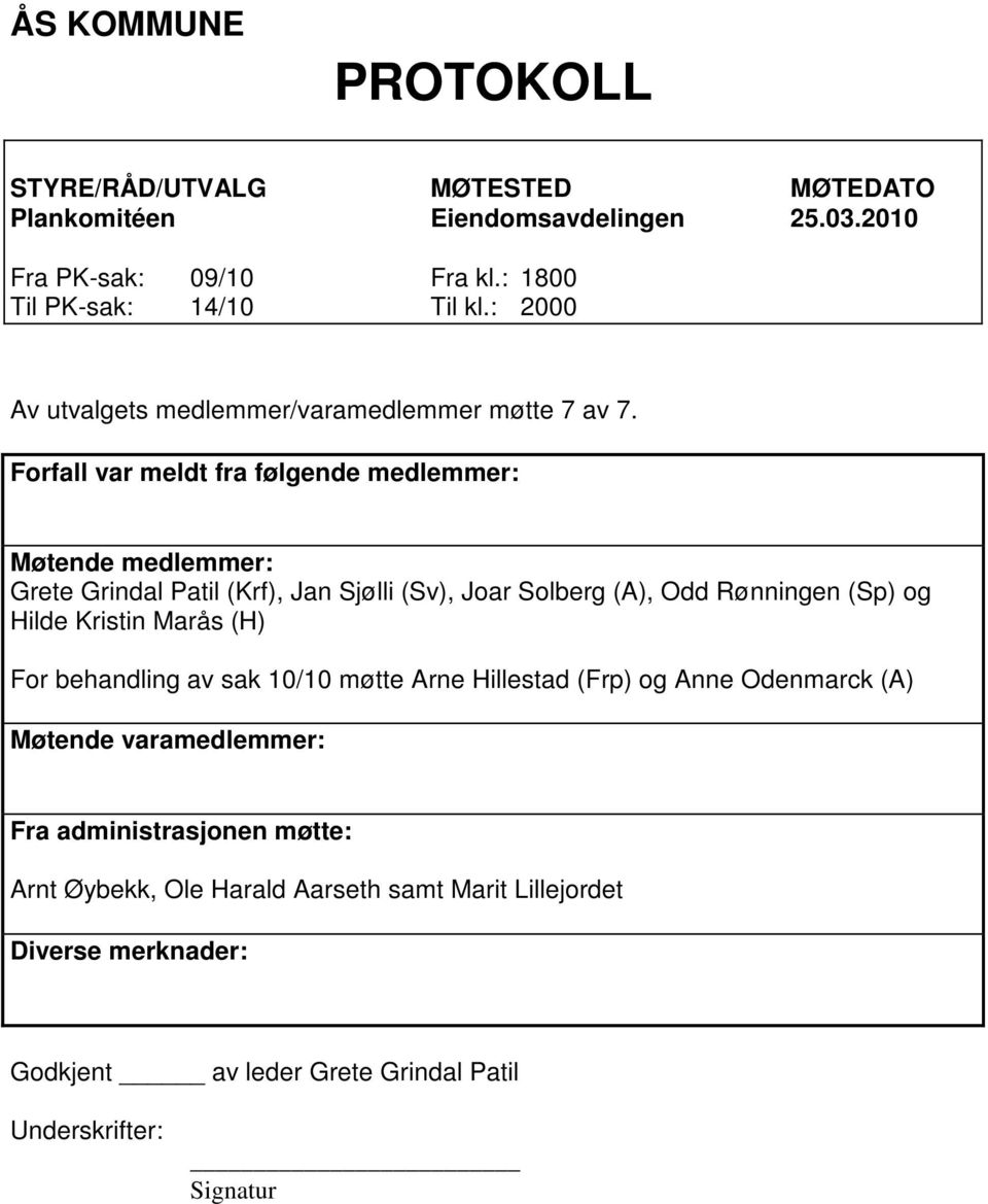 Forfall var meldt fra følgende medlemmer: Møtende medlemmer: Grete Grindal Patil (Krf), Jan Sjølli (Sv), Joar Solberg (A), Odd Rønningen (Sp) og Hilde Kristin