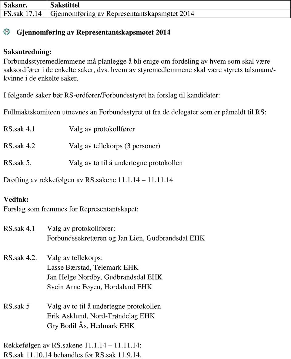 saksordfører i de enkelte saker, dvs. hvem av styremedlemmene skal være styrets talsmann/- kvinne i de enkelte saker.