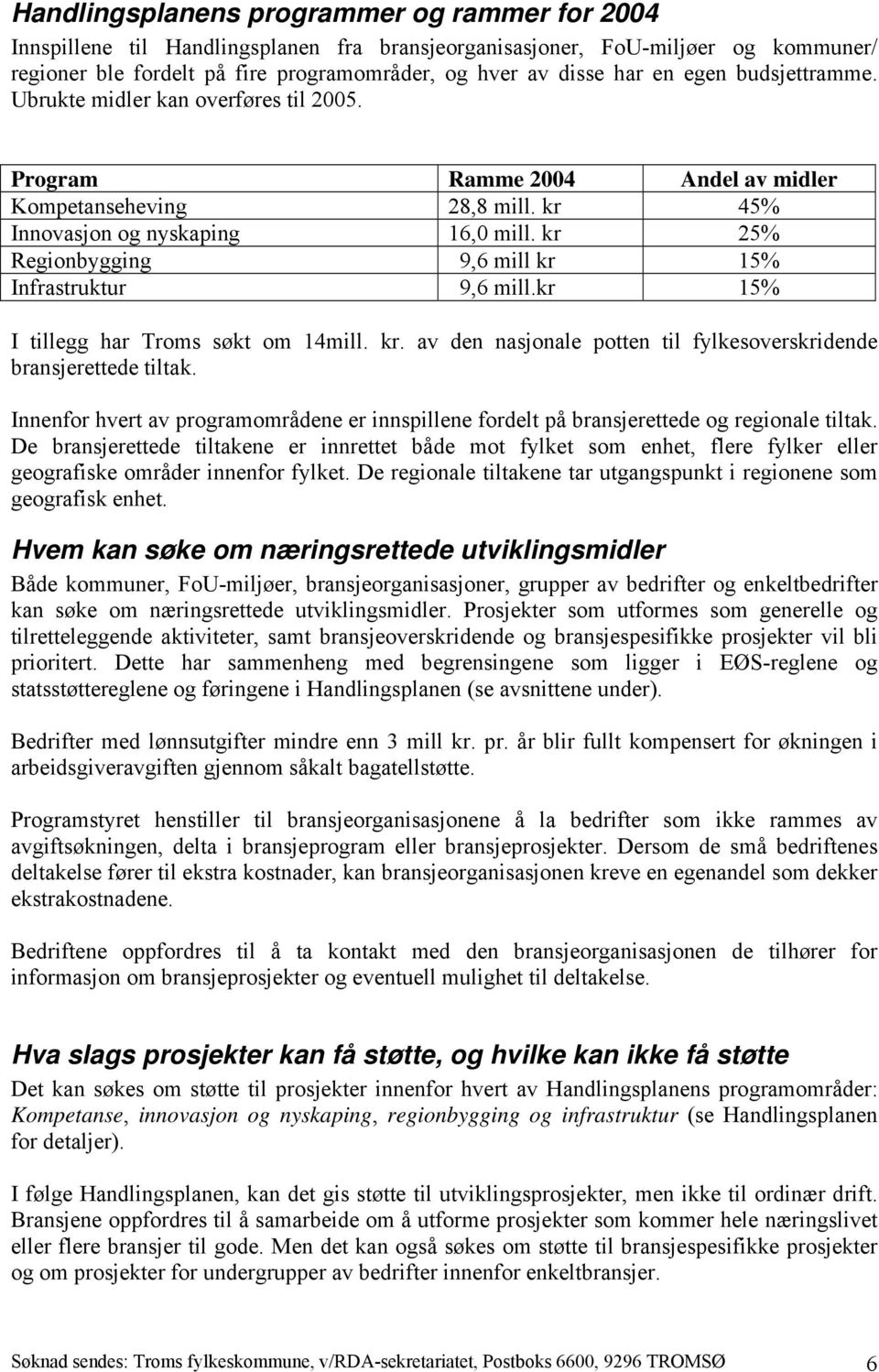 kr 25% Regionbygging 9,6 mill kr 15% Infrastruktur 9,6 mill.kr 15% I tillegg har Troms søkt om 14mill. kr. av den nasjonale potten til fylkesoverskridende bransjerettede tiltak.