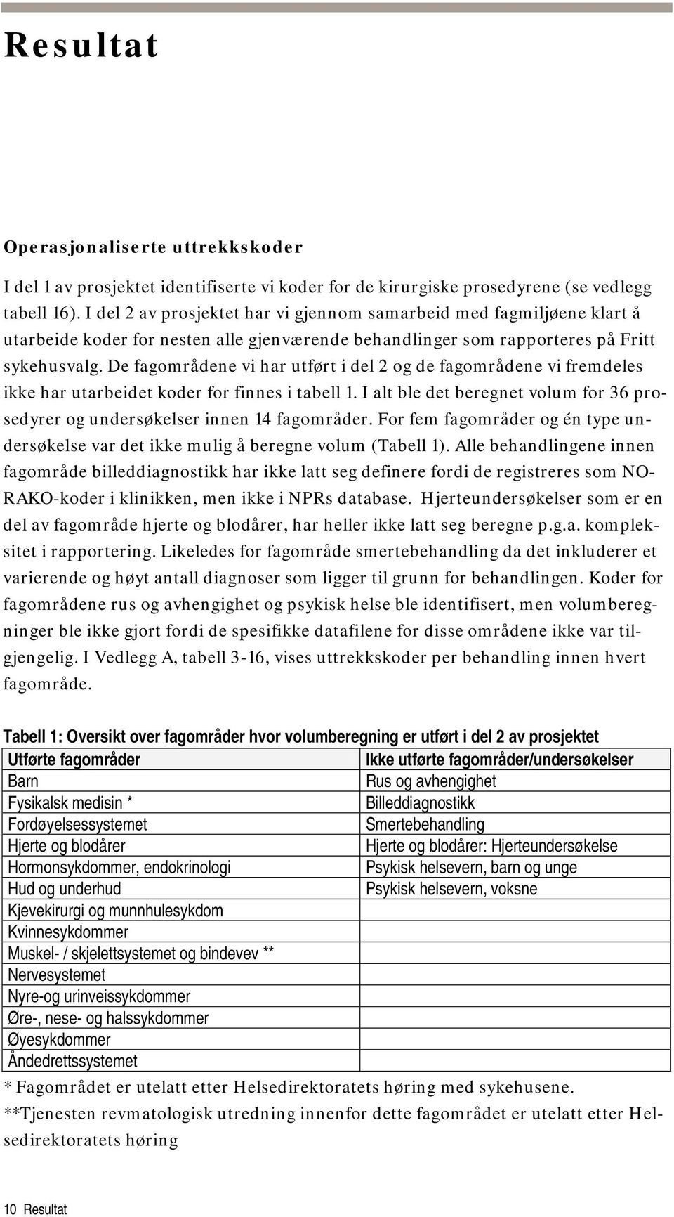 De fagområdene vi har utført i del 2 og de fagområdene vi fremdeles ikke har utarbeidet koder for finnes i tabell 1.