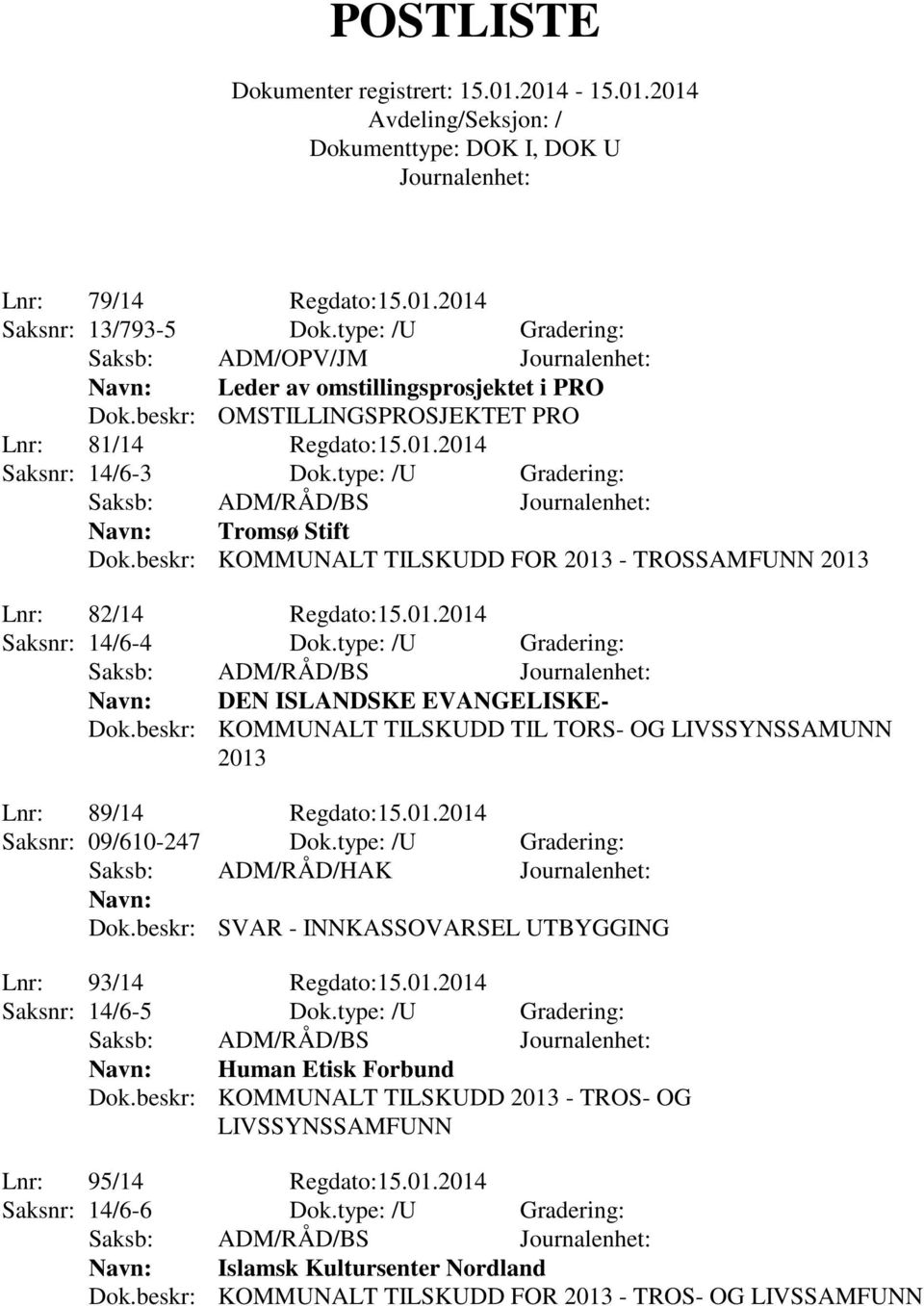 type: /U Gradering: Navn: DEN ISLANDSKE EVANGELISKE- Dok.beskr: KOMMUNALT TILSKUDD TIL TORS- OG LIVSSYNSSAMUNN 2013 Lnr: 89/14 Regdato:15.01.2014 Saksnr: 09/610-247 Dok.