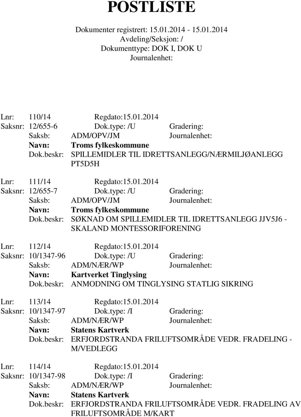 type: /U Gradering: Navn: Kartverket Tinglysing Dok.beskr: ANMODNING OM TINGLYSING STATLIG SIKRING Lnr: 113/14 Regdato:15.01.2014 Saksnr: 10/1347-97 Dok.type: /I Gradering: Navn: Statens Kartverk Dok.