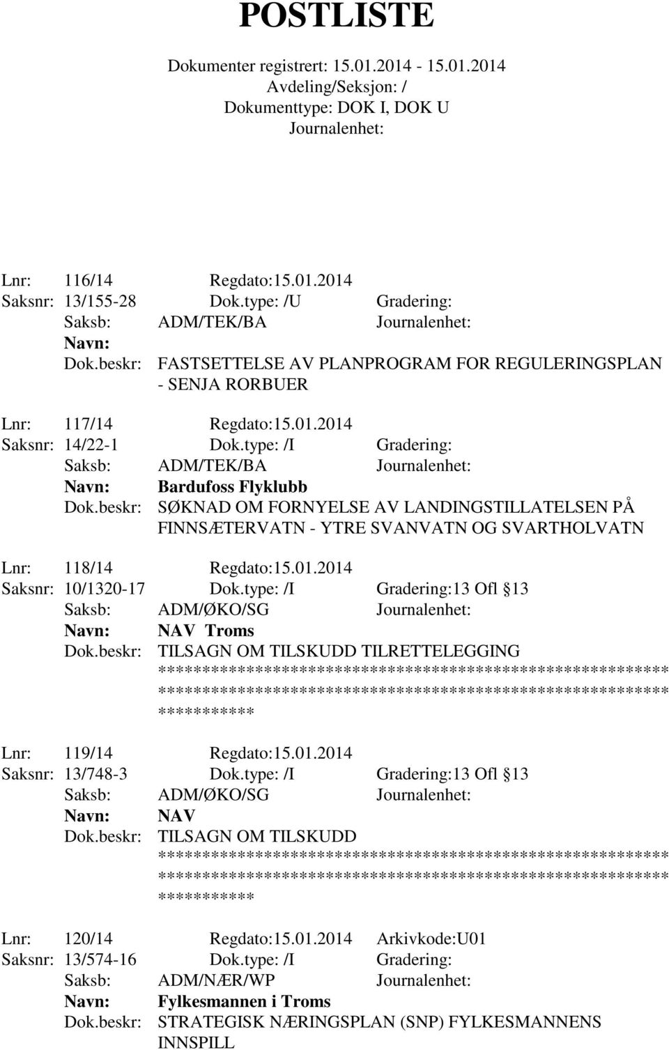 2014 Saksnr: 10/1320-17 Dok.type: /I Gradering:13 Ofl 13 Saksb: ADM/ØKO/SG Navn: NAV Troms Dok.beskr: TILSAGN OM TILSKUDD TILRETTELEGGING *********** Lnr: 119/14 Regdato:15.01.2014 Saksnr: 13/748-3 Dok.