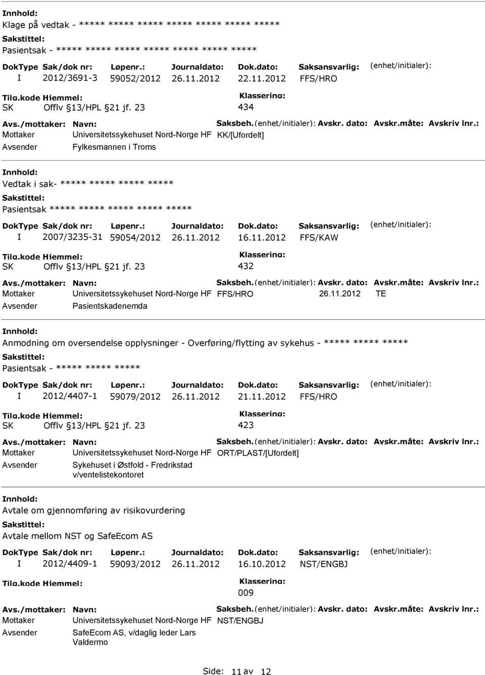 2012 FFS/KAW 432 Avs./mottaker: Navn: Saksbeh. Avskr. dato: Avskr.måte: Avskriv lnr.