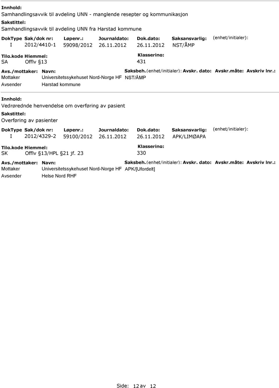 : Mottaker niversitetssykehuset Nord-Norge HF NST/ÅMP Harstad kommune Vedrørednde henvendelse om overføring av pasient Overføring av pasienter