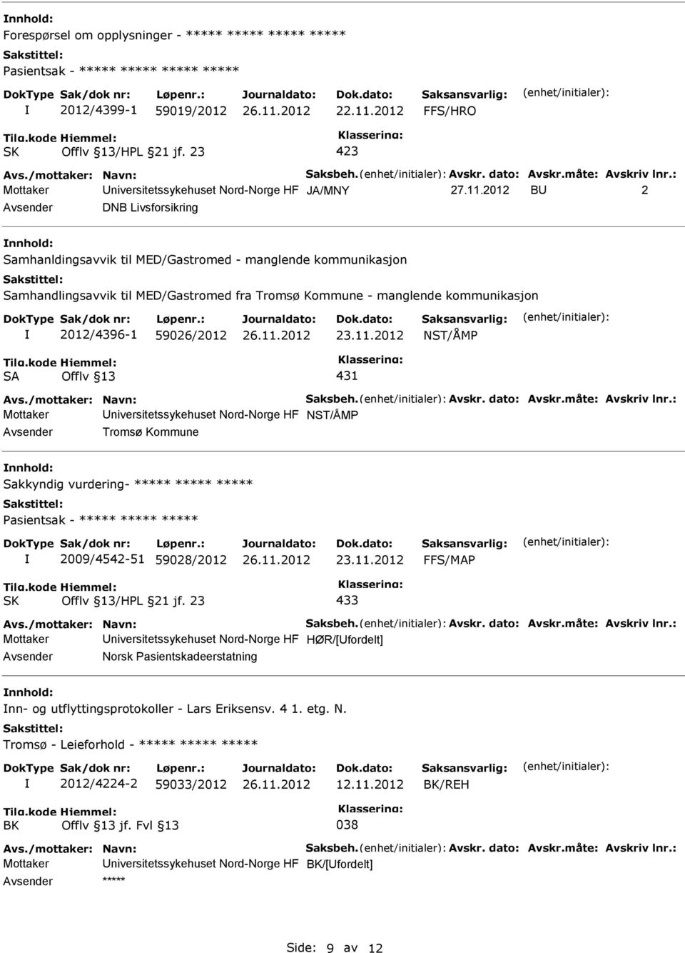 2012 B 2 DNB Livsforsikring Samhanldingsavvik til MED/Gastromed - manglende kommunikasjon Samhandlingsavvik til MED/Gastromed fra Tromsø Kommune - manglende kommunikasjon 2012/4396-1 59026/2012