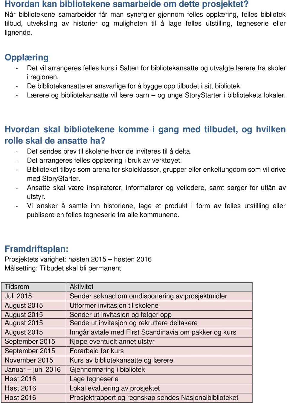 Opplæring - Det vil arrangeres felles kurs i Salten for bibliotekansatte og utvalgte lærere fra skoler i regionen. - De bibliotekansatte er ansvarlige for å bygge opp tilbudet i sitt bibliotek.