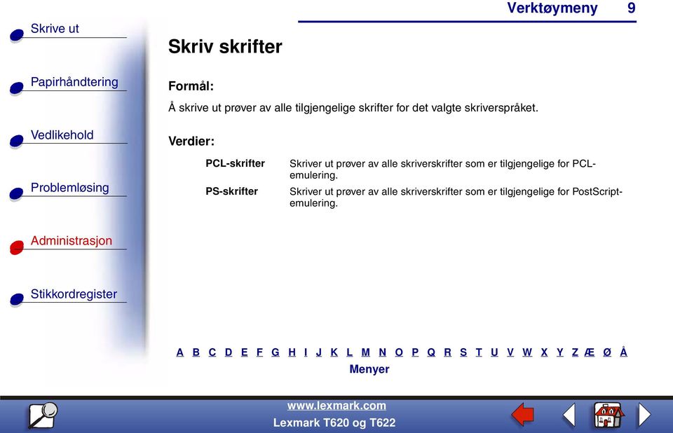 PCL-skrifter PS-skrifter Skriver ut prøver av alle skriverskrifter som