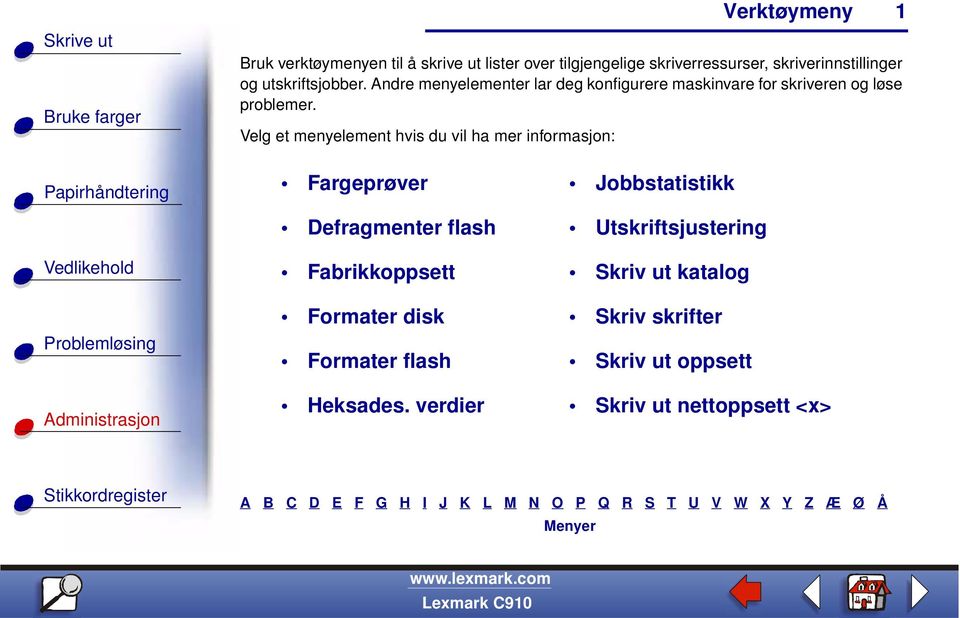 Velg et menyelement hvis du vil ha mer informasjon: 1 Fargeprøver Defragmenter flash Fabrikkoppsett Formater disk