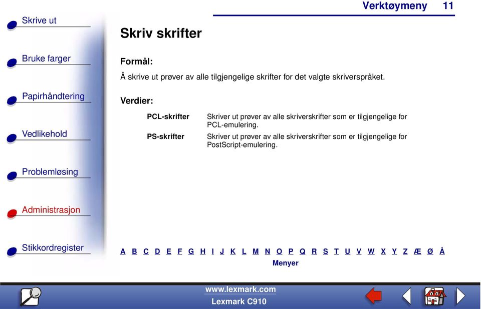 PCL-skrifter PS-skrifter Skriver ut prøver av alle skriverskrifter som er