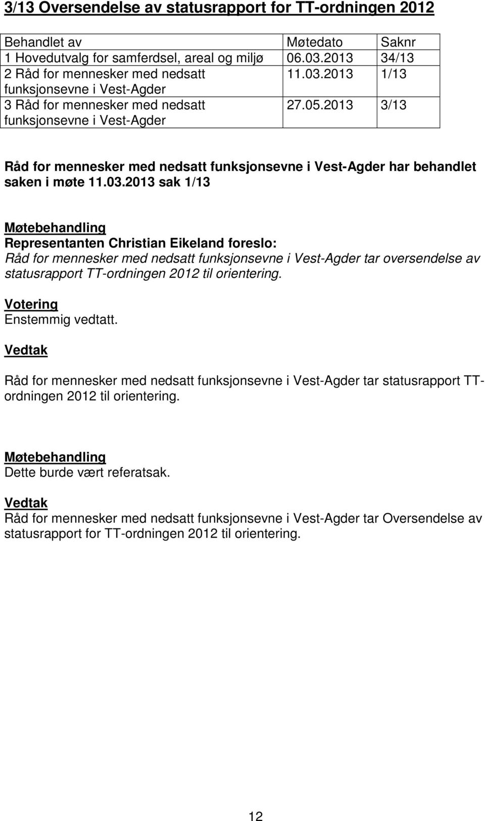 2013 1/13 3 Råd for mennesker med nedsatt 27.05.2013 3/13 Råd for mennesker med nedsatt har behandlet saken i møte 11.03.