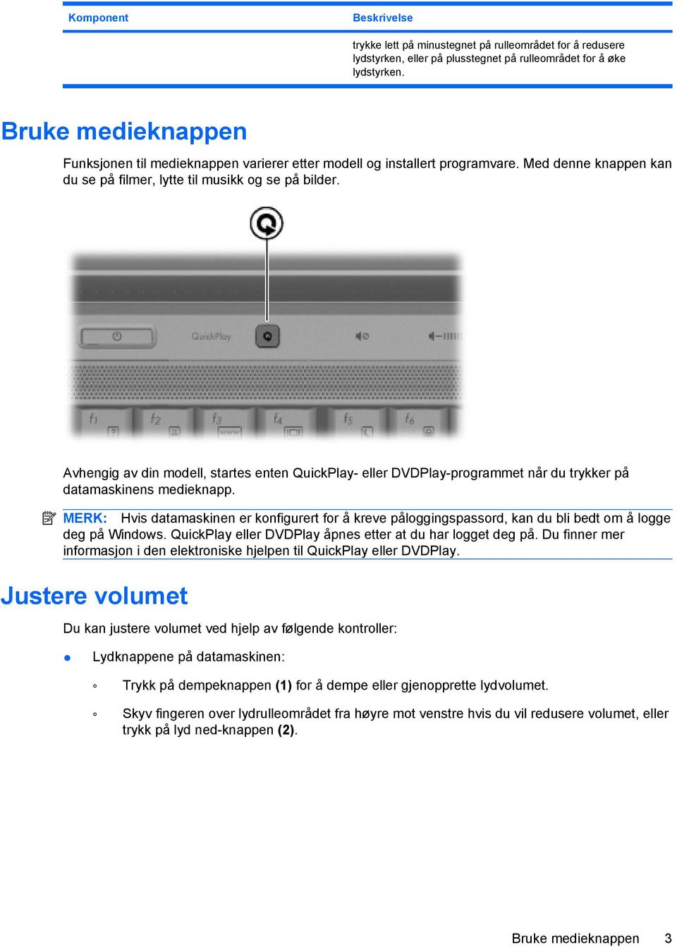 Avhengig av din modell, startes enten QuickPlay- eller DVDPlay-programmet når du trykker på datamaskinens medieknapp.