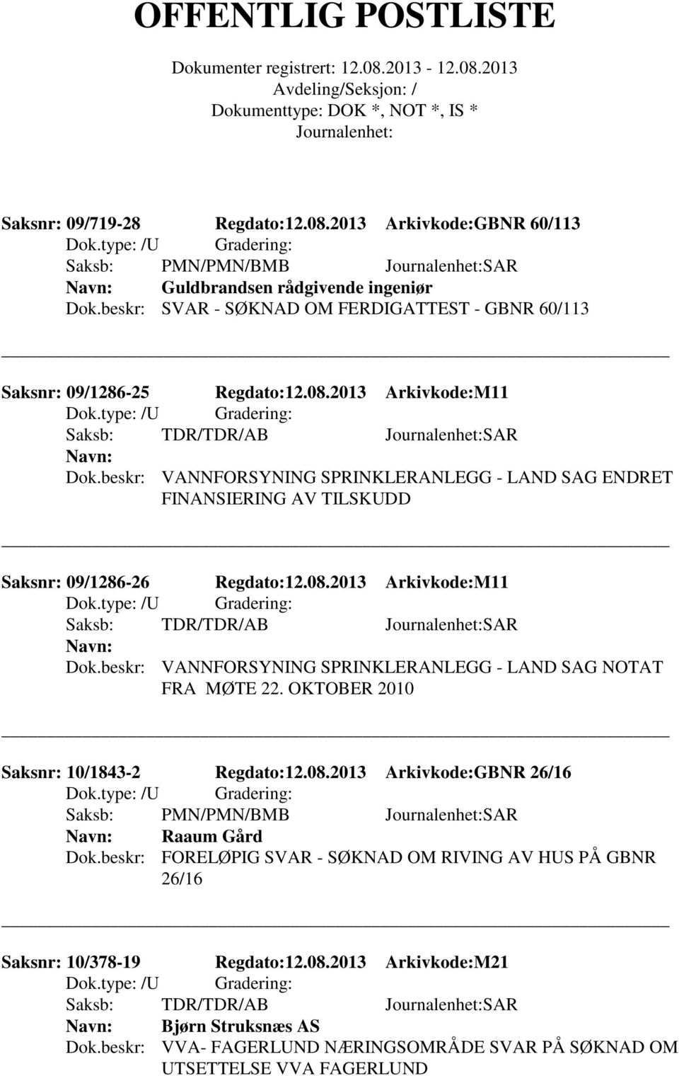 beskr: VANNFORSYNING SPRINKLERANLEGG - LAND SAG ENDRET FINANSIERING AV TILSKUDD Saksnr: 09/1286-26 Regdato:12.08.2013 Arkivkode:M11 Dok.