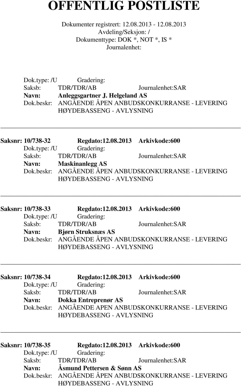 2013 Arkivkode:600 Bjørn Struksnæs AS Dok.beskr: ANGÅENDE ÅPEN ANBUDSKONKURRANSE - LEVERING HØYDEBASSENG - AVLYSNING Saksnr: 10/738-34 Regdato:12.08.