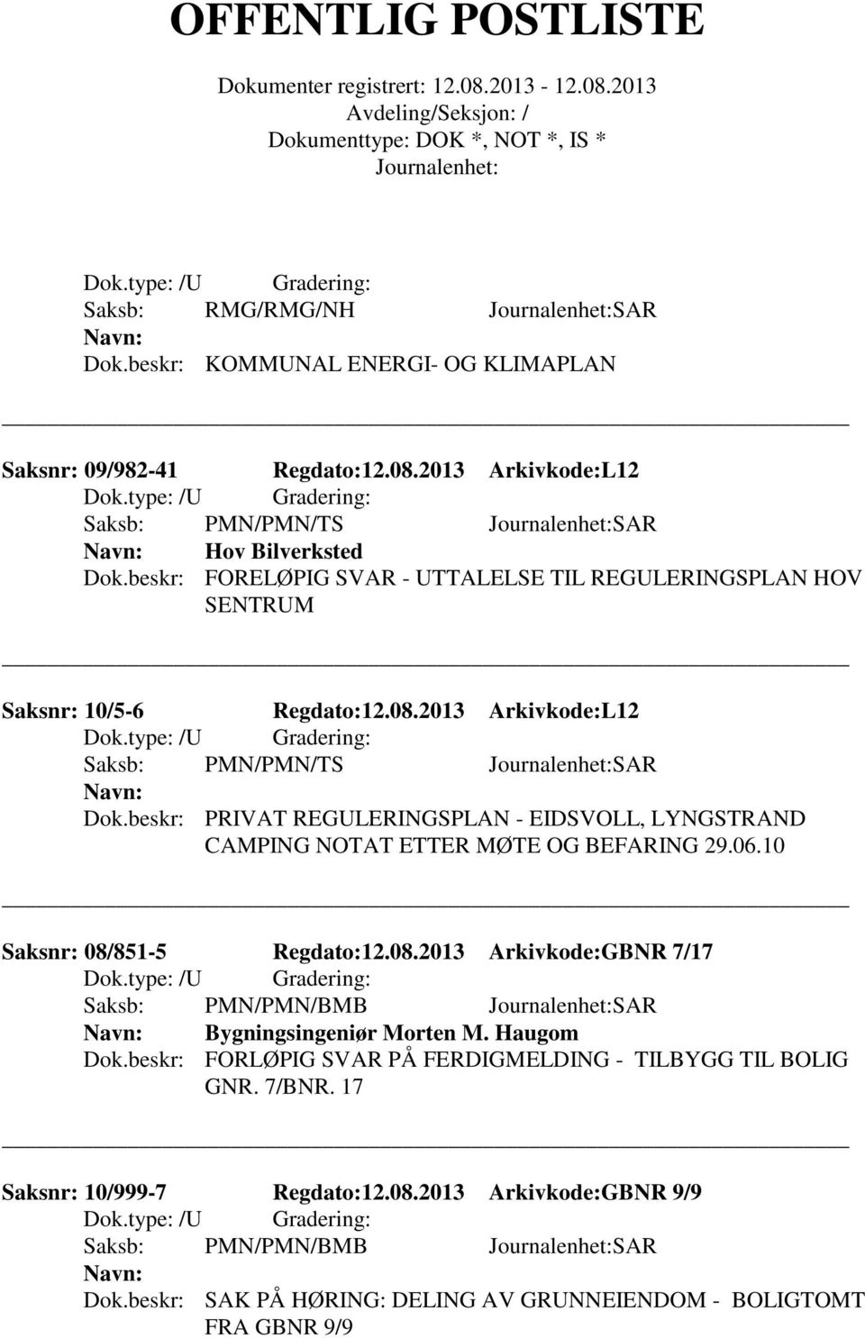 beskr: PRIVAT REGULERINGSPLAN - EIDSVOLL, LYNGSTRAND CAMPING NOTAT ETTER MØTE OG BEFARING 29.06.10 Saksnr: 08/851-5 Regdato:12.08.2013 Arkivkode:GBNR 7/17 Saksb: PMN/PMN/BMB SAR Bygningsingeniør Morten M.