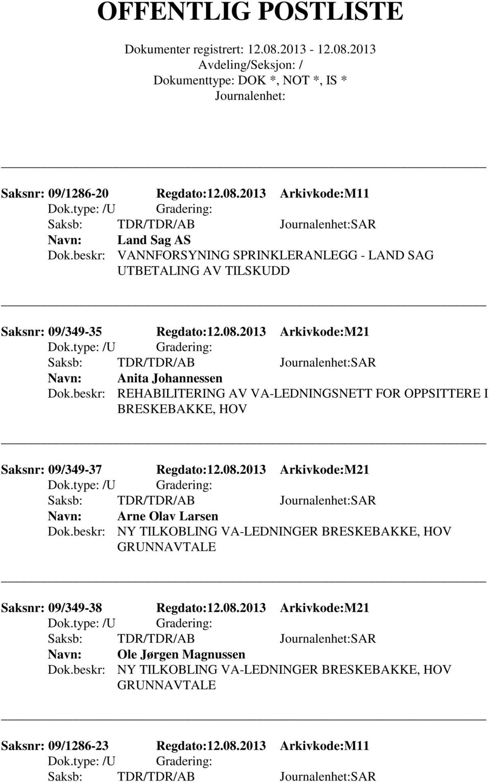 beskr: REHABILITERING AV VA-LEDNINGSNETT FOR OPPSITTERE I BRESKEBAKKE, HOV Saksnr: 09/349-37 Regdato:12.08.2013 Arkivkode:M21 Arne Olav Larsen Dok.