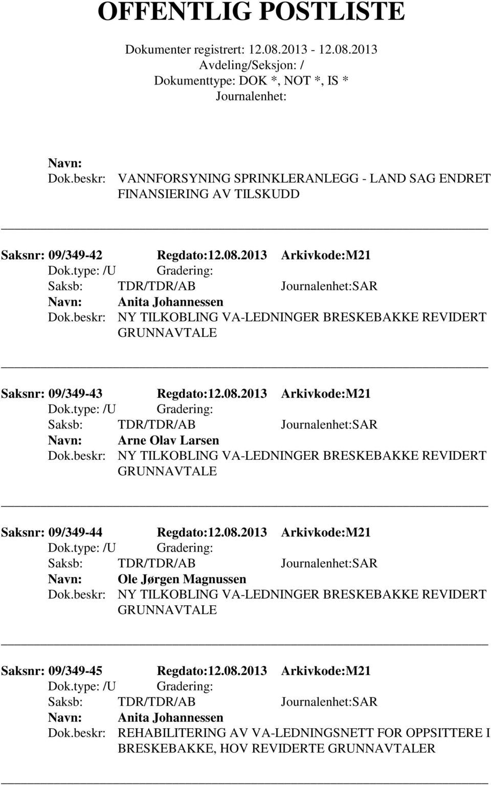 beskr: NY TILKOBLING VA-LEDNINGER BRESKEBAKKE REVIDERT GRUNNAVTALE Saksnr: 09/349-44 Regdato:12.08.2013 Arkivkode:M21 Ole Jørgen Magnussen Dok.