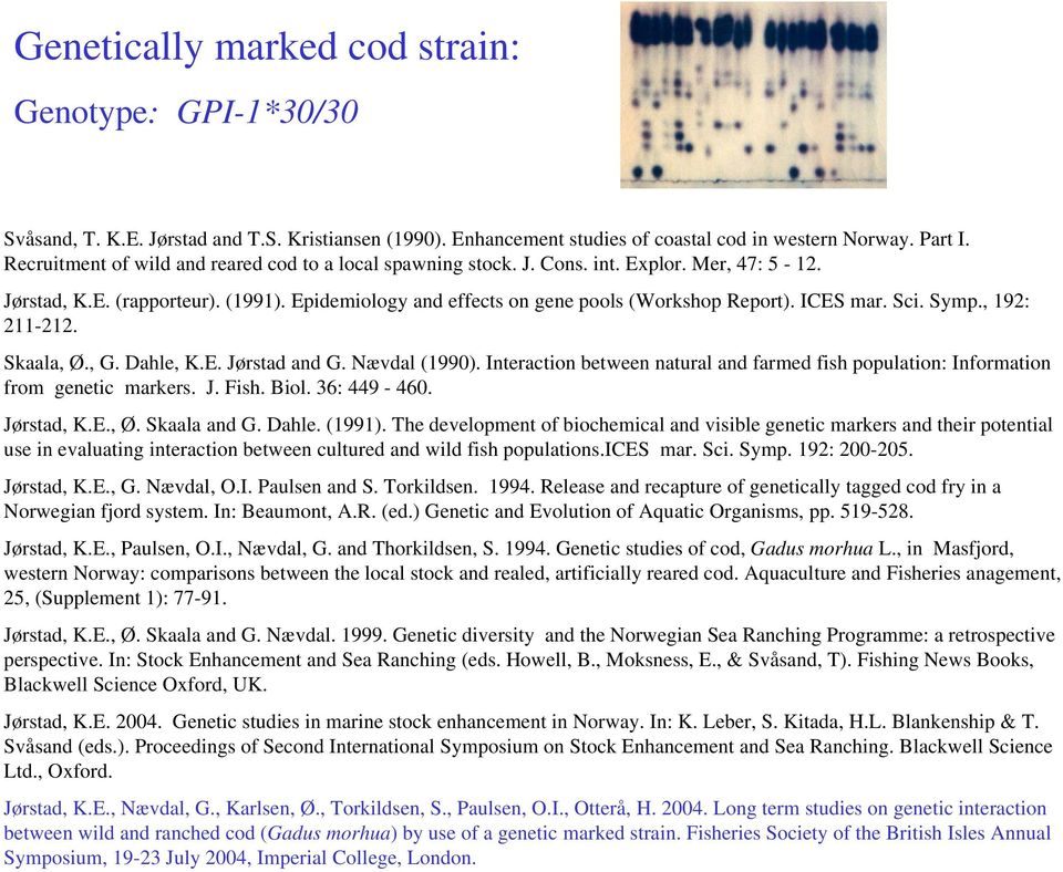 ICES mar. Sci. Symp., 192: 211-212. Skaala, Ø., G. Dahle, K.E. Jørstad and G. Nævdal (1990). Interaction between natural and farmed fish population: Information from genetic markers. J. Fish. Biol.