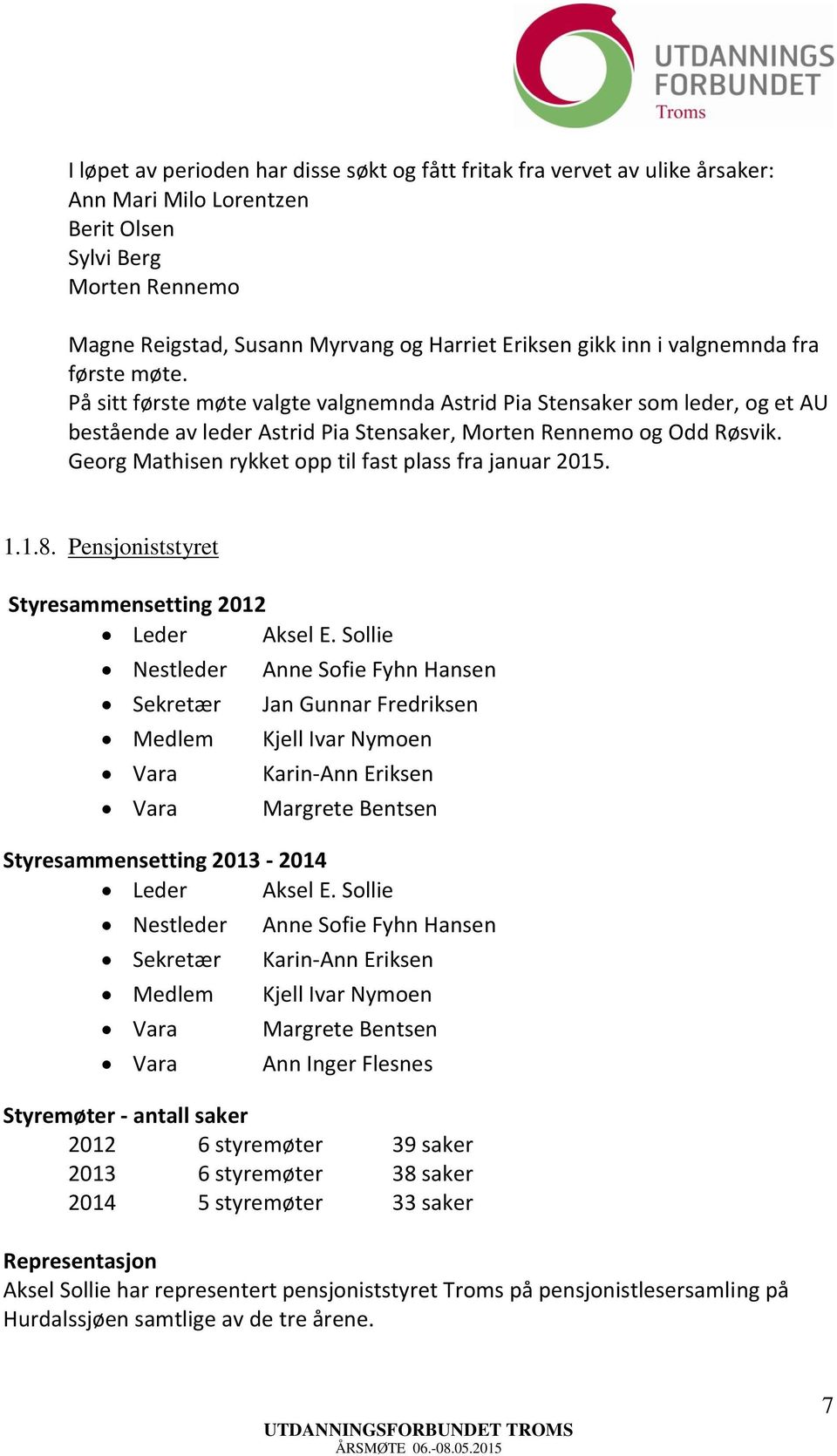 Georg Mathisen rykket opp til fast plass fra januar 2015. 1.1.8. Pensjoniststyret Styresammensetting 2012 Leder Aksel E.