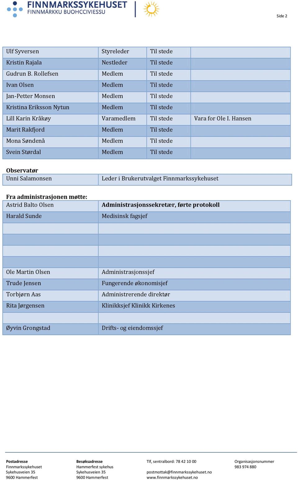 Hansen Marit Rakfjord Medlem Til stede Mona Søndenå Medlem Til stede Svein Størdal Medlem Til stede Observatør Unni Salamonsen Leder i Brukerutvalget Finnmarkssykehuset Fra
