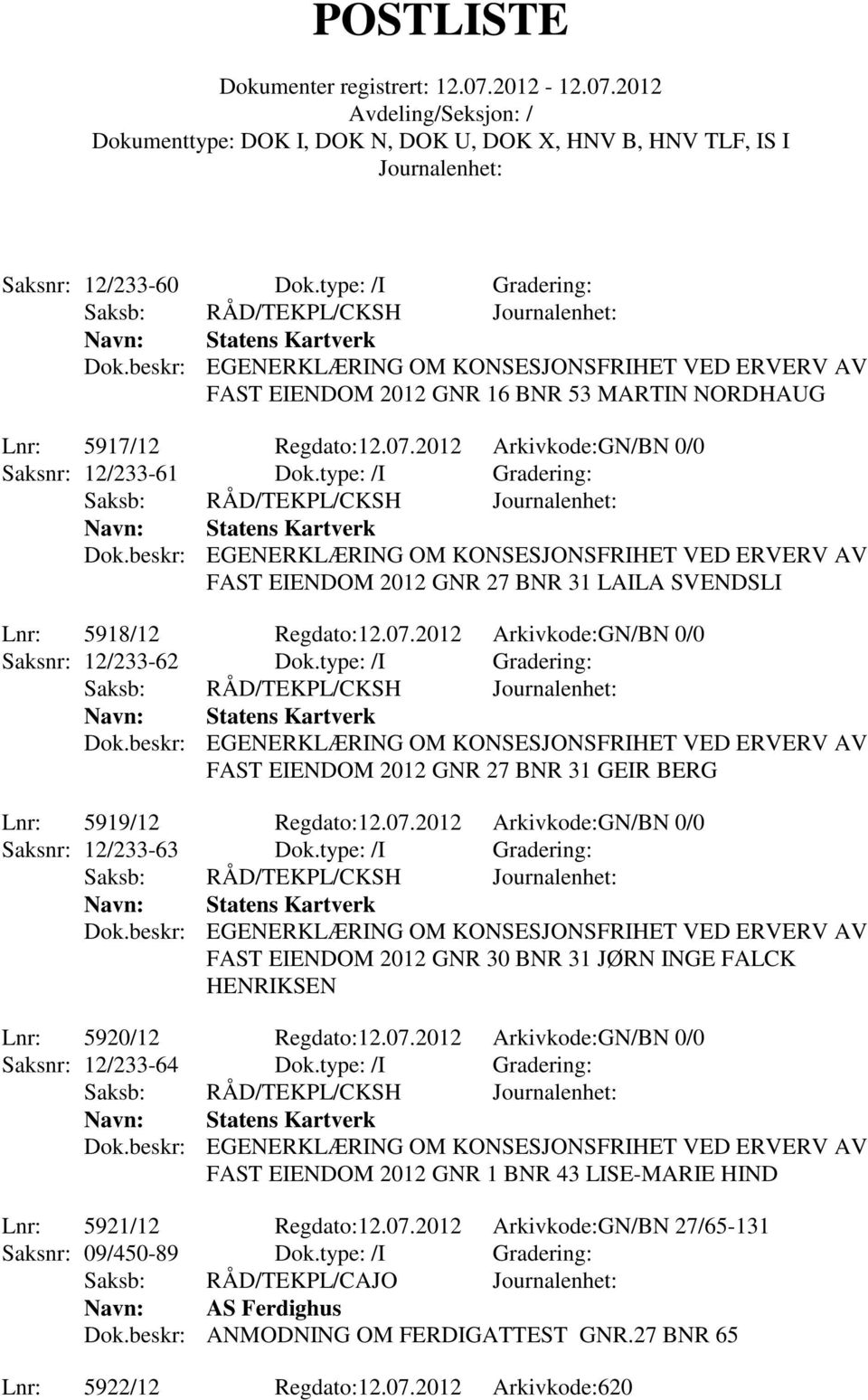 type: /I Gradering: FAST EIENDOM 2012 GNR 27 BNR 31 GEIR BERG Lnr: 5919/12 Regdato:12.07.2012 Arkivkode:GN/BN 0/0 Saksnr: 12/233-63 Dok.