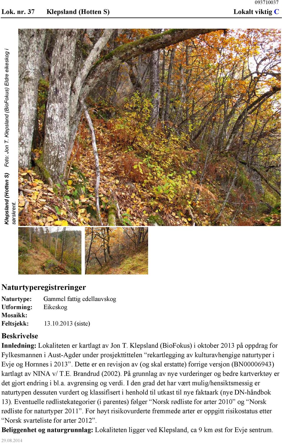 Klepsland (BioFokus) i oktober 2013 på oppdrag for Fylkesmannen i Aust-Agder under prosjekttittelen rekartlegging av kulturavhengige naturtyper i Evje og Hornnes i 2013.