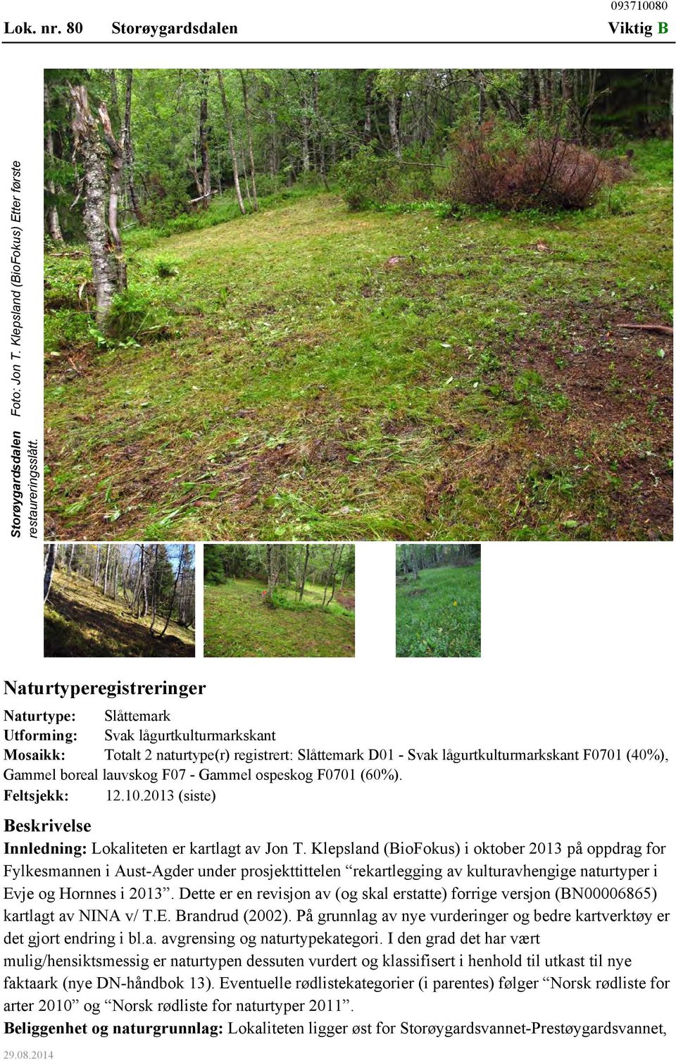lauvskog F07 - Gammel ospeskog F0701 (60%). Feltsjekk: 12.10.2013 (siste) Beskrivelse Innledning: Lokaliteten er kartlagt av Jon T.