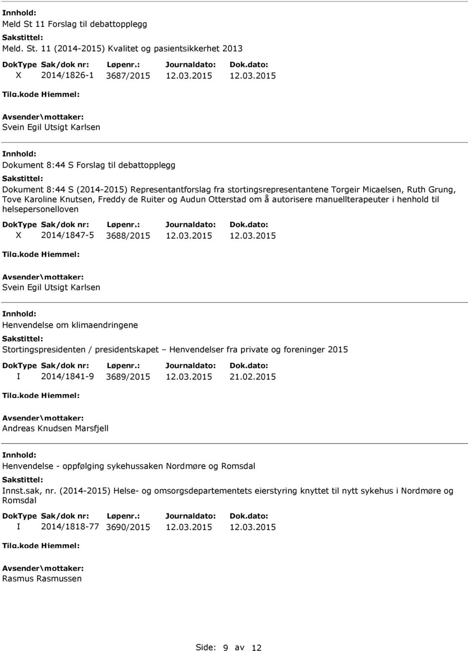 11 (2014-2015) Kvalitet og pasientsikkerhet 2013 2014/1826-1 3687/2015 Svein Egil Utsigt Karlsen Dokument 8:44 S Forslag til debattopplegg Dokument 8:44 S (2014-2015) Representantforslag fra