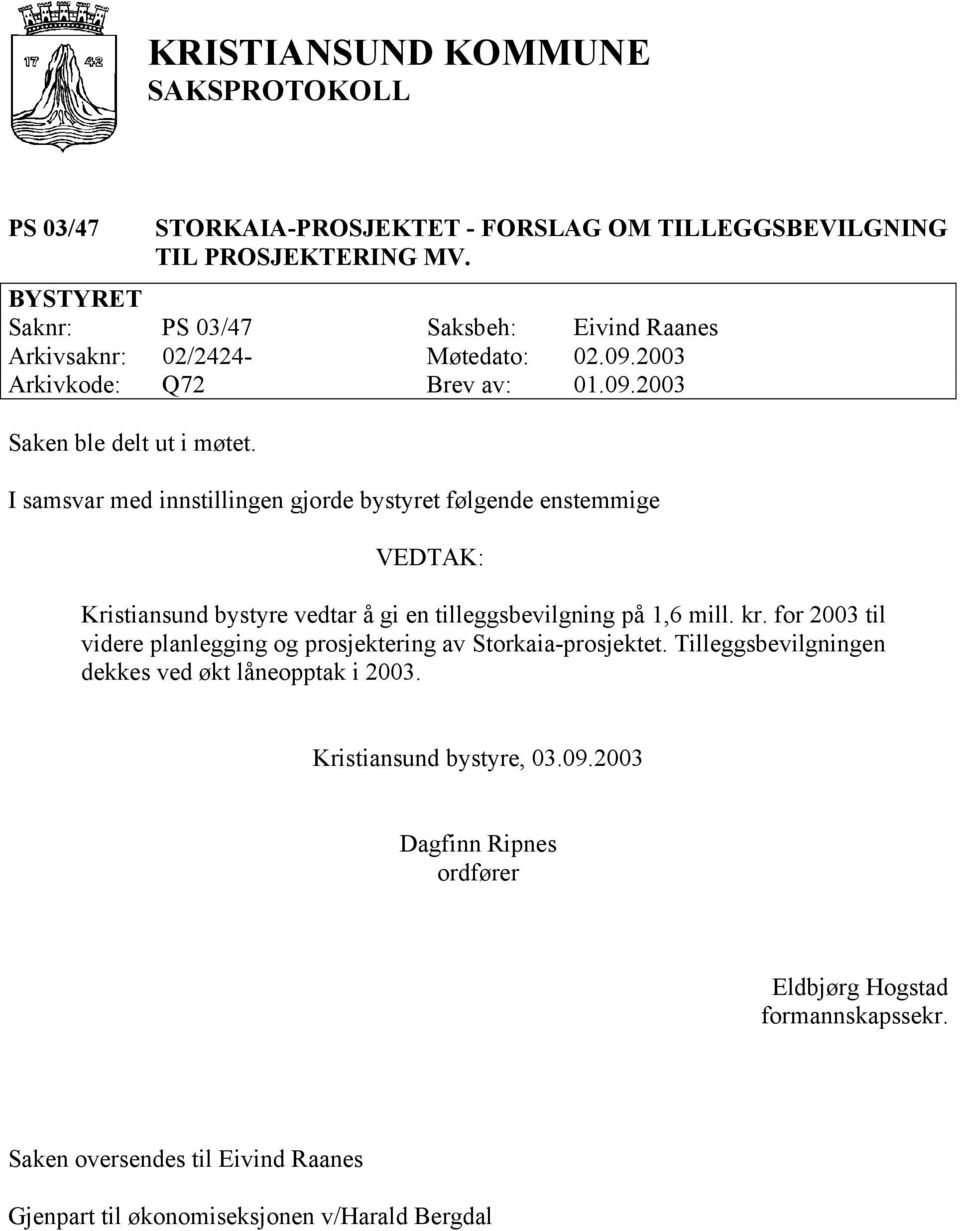 I samsvar med innstillingen gjorde bystyret følgende enstemmige Kristiansund bystyre vedtar å gi en tilleggsbevilgning på 1,6 mill. kr.