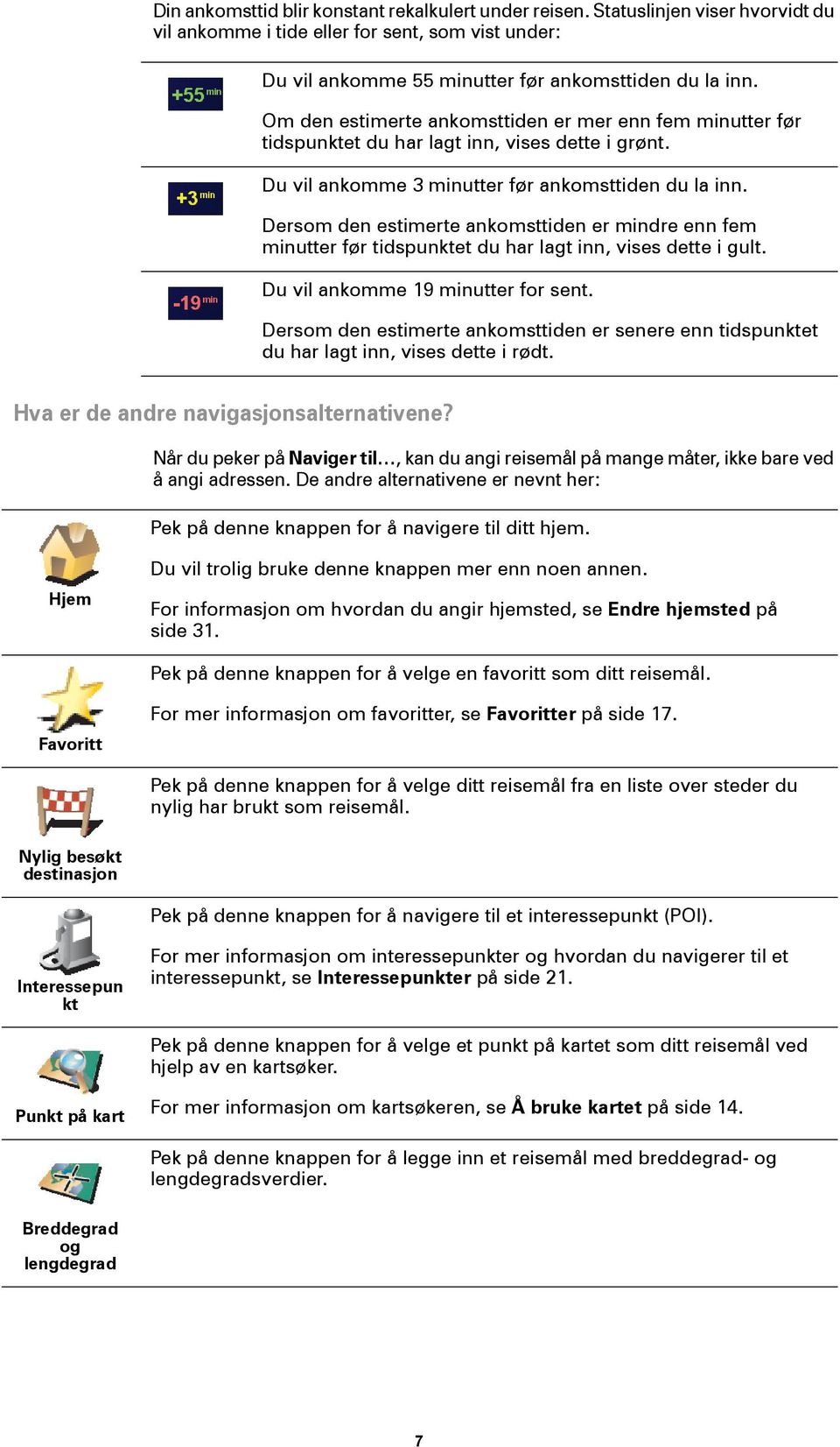 Dersom den estimerte ankomsttiden er mindre enn fem minutter før tidspunktet du har lagt inn, vises dette i gult. Du vil ankomme 19 minutter for sent.