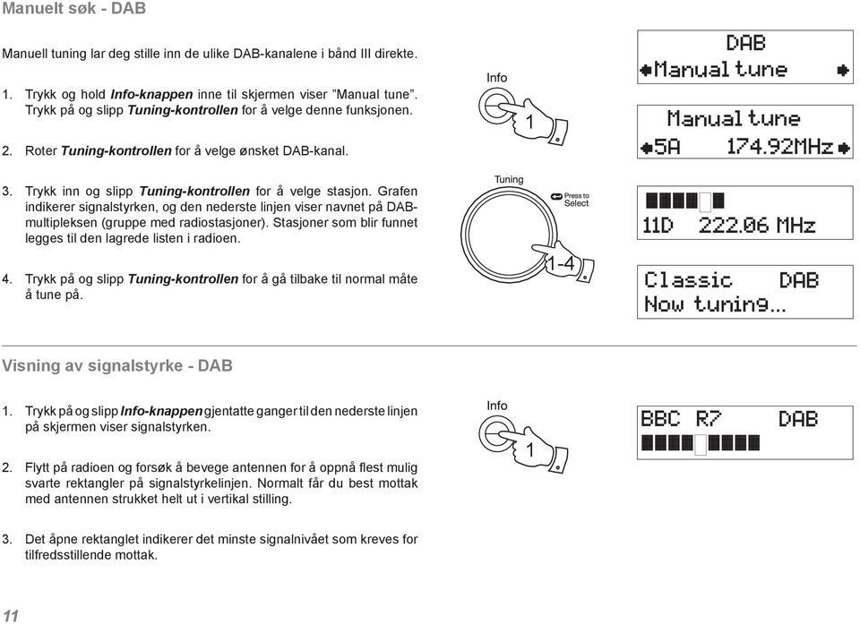 Grafen indikerer signalstyrken, og den nederste linjen viser navnet på DABmultipleksen (gruppe med radiostasjoner). Stasjoner som blir funnet legges til den lagrede listen i radioen. 4.