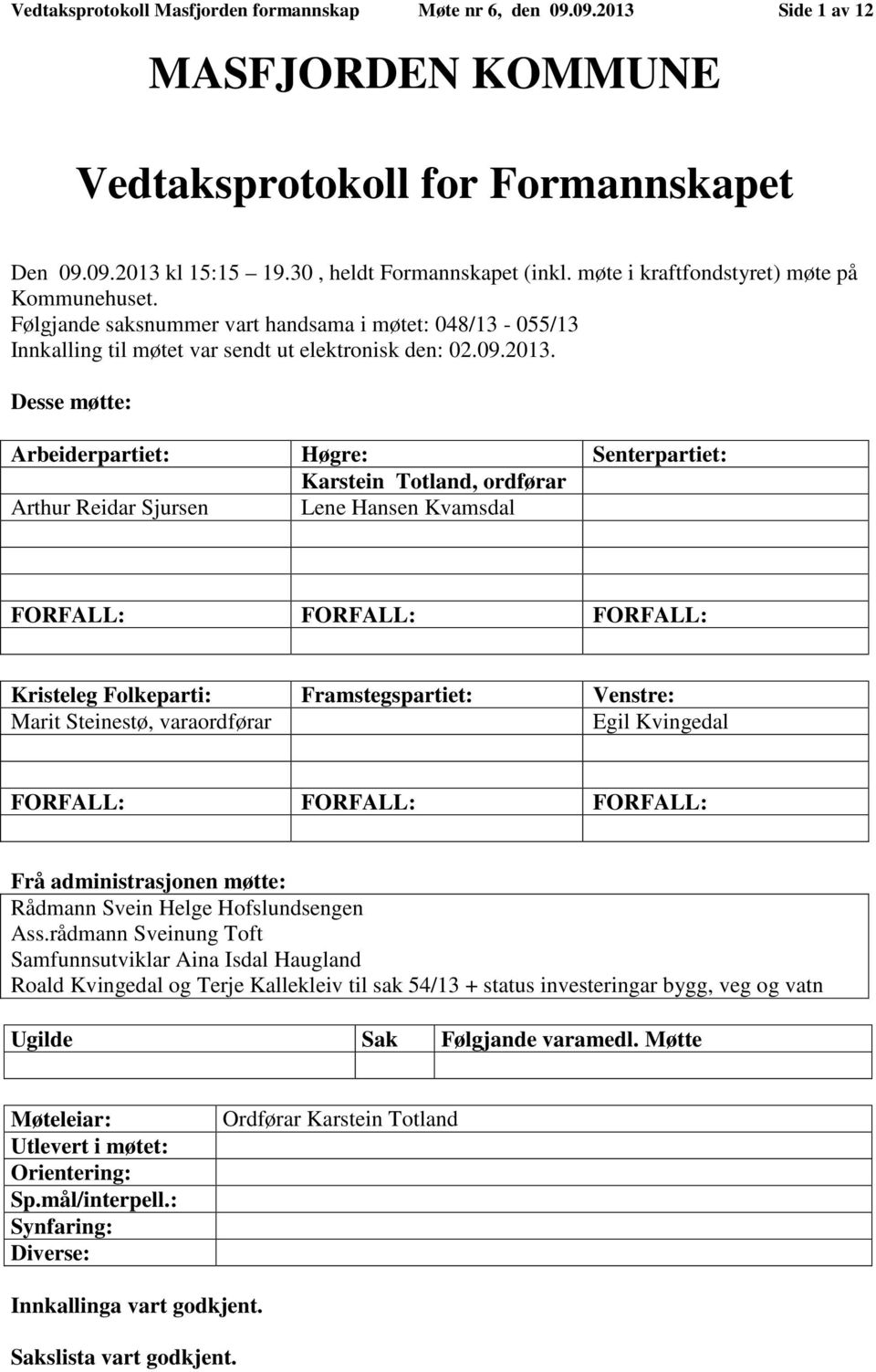 Desse møtte: Arbeiderpartiet: Høgre: Senterpartiet: Karstein Totland, ordførar Arthur Reidar Sjursen Lene Hansen Kvamsdal FORFALL: FORFALL: FORFALL: Kristeleg Folkeparti: Framstegspartiet: Venstre: