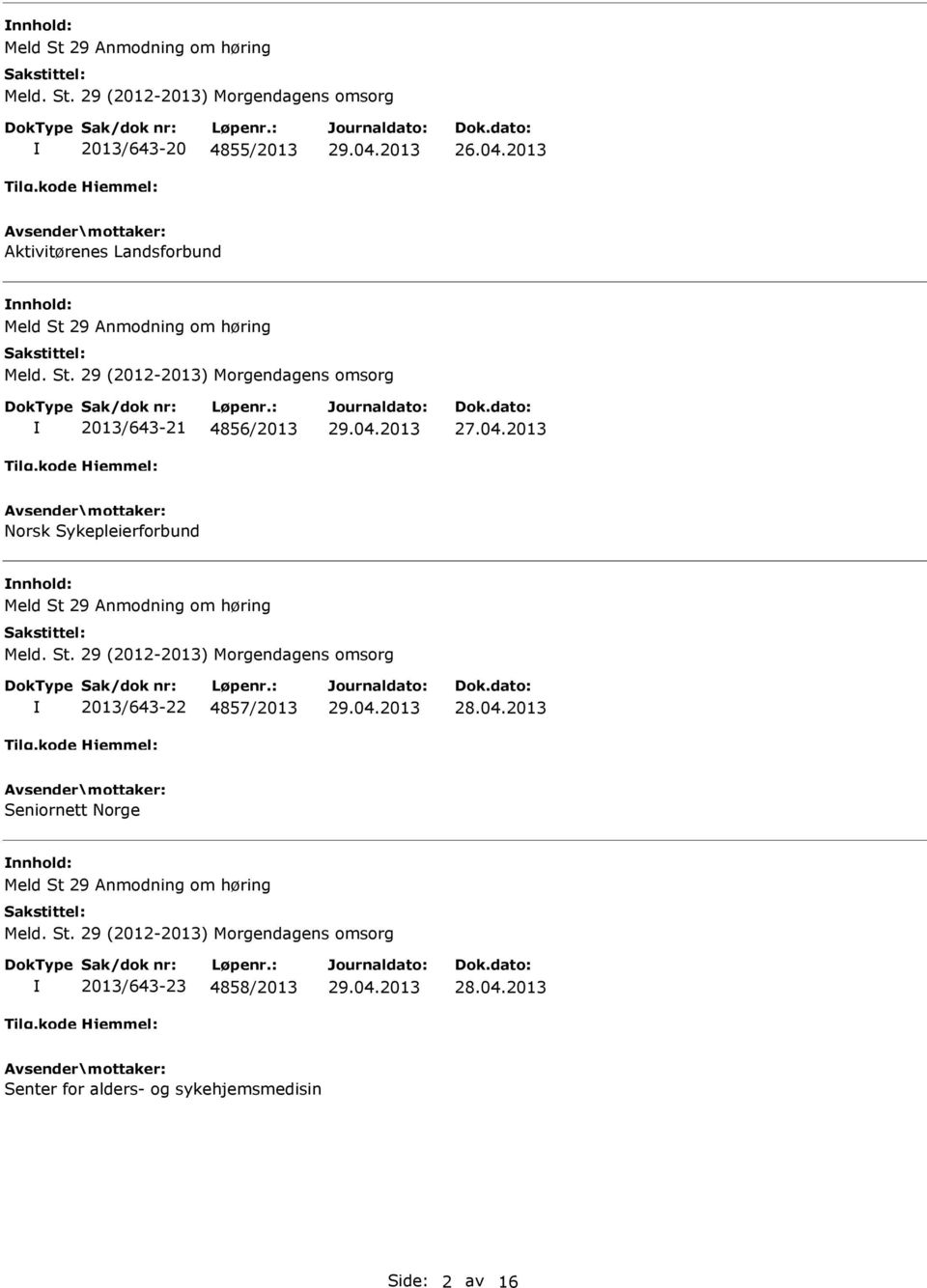 29 Anmodning om høring Meld. St. 29 (2012-2013) Morgendagens omsorg 2013/643-22 4857/2013 28.04.