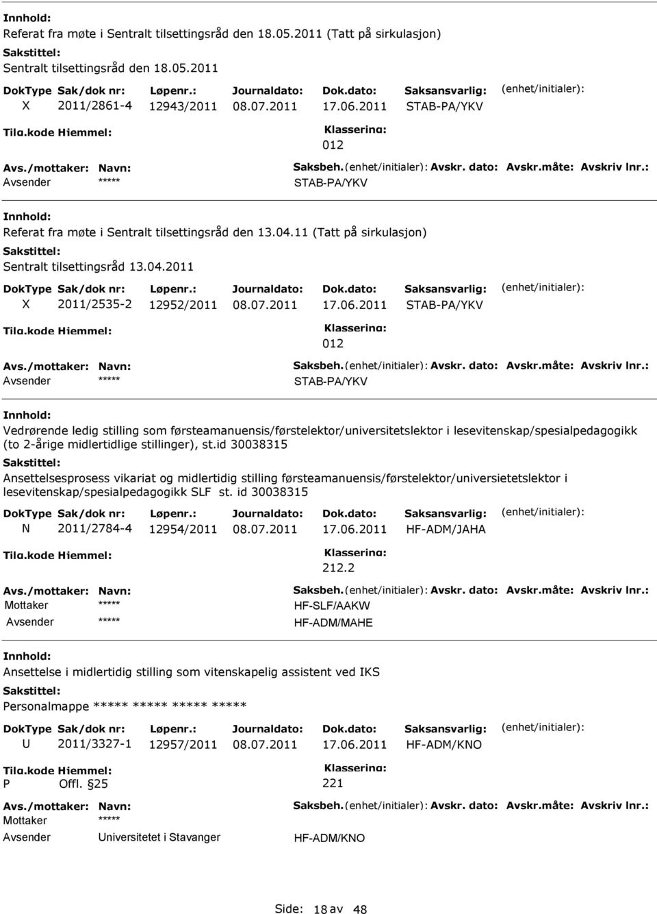 2011 TAB-A/YKV TAB-A/YKV Vedrørende ledig stilling som førsteamanuensis/førstelektor/universitetslektor i lesevitenskap/spesialpedagogikk (to 2-årige midlertidlige stillinger), st.