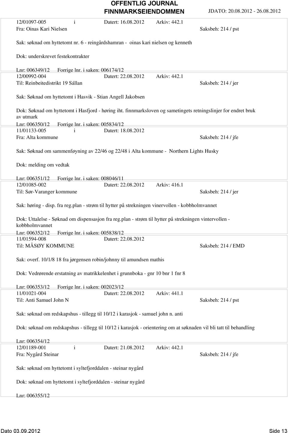 1 Til: Reinbeitedistrikt 19 Sállan Sak: Søknad om hyttetomt i Hasvik - Stian Angell Jakobsen Dok: Søknad om hyttetomt i Hasfjord - høring iht.