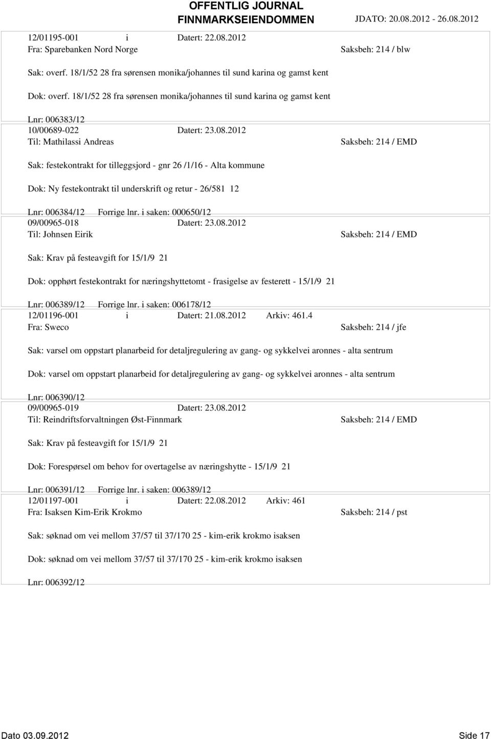 2012 Til: Mathilassi Andreas Sak: festekontrakt for tilleggsjord - gnr 26 /1/16 - Alta kommune Dok: Ny festekontrakt til underskrift og retur - 26/581 12 Lnr: 006384/12 Forrige lnr.