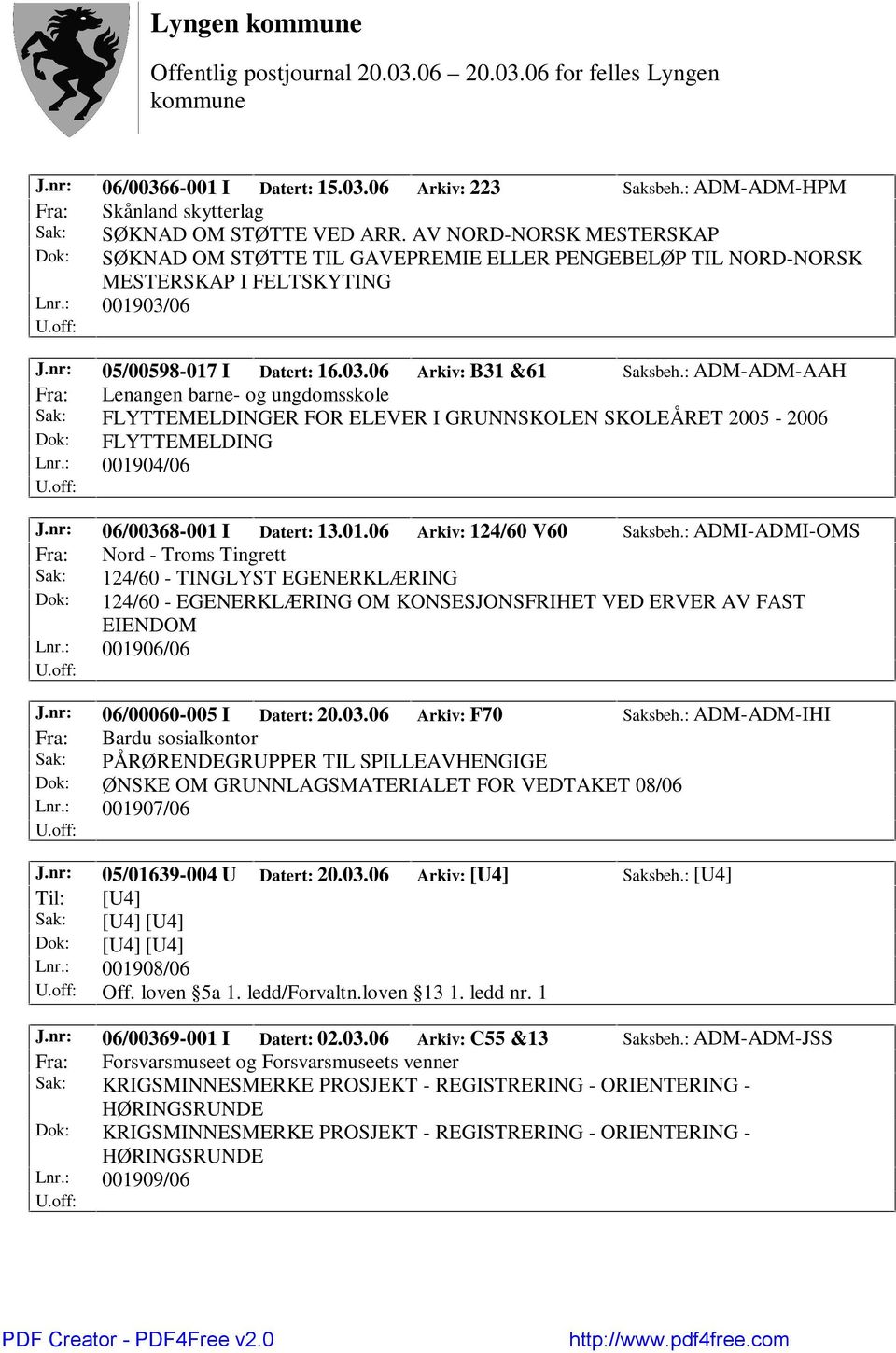 : ADM-ADM-AAH Fra: Lenangen barne- og ungdomsskole Sak: FLYTTEMELDINGER FOR ELEVER I GRUNNSKOLEN SKOLEÅRET 2005-2006 Dok: FLYTTEMELDING Lnr.: 001904/06 J.nr: 06/00368-001 I Datert: 13.01.06 Arkiv: 124/60 V60 Saksbeh.