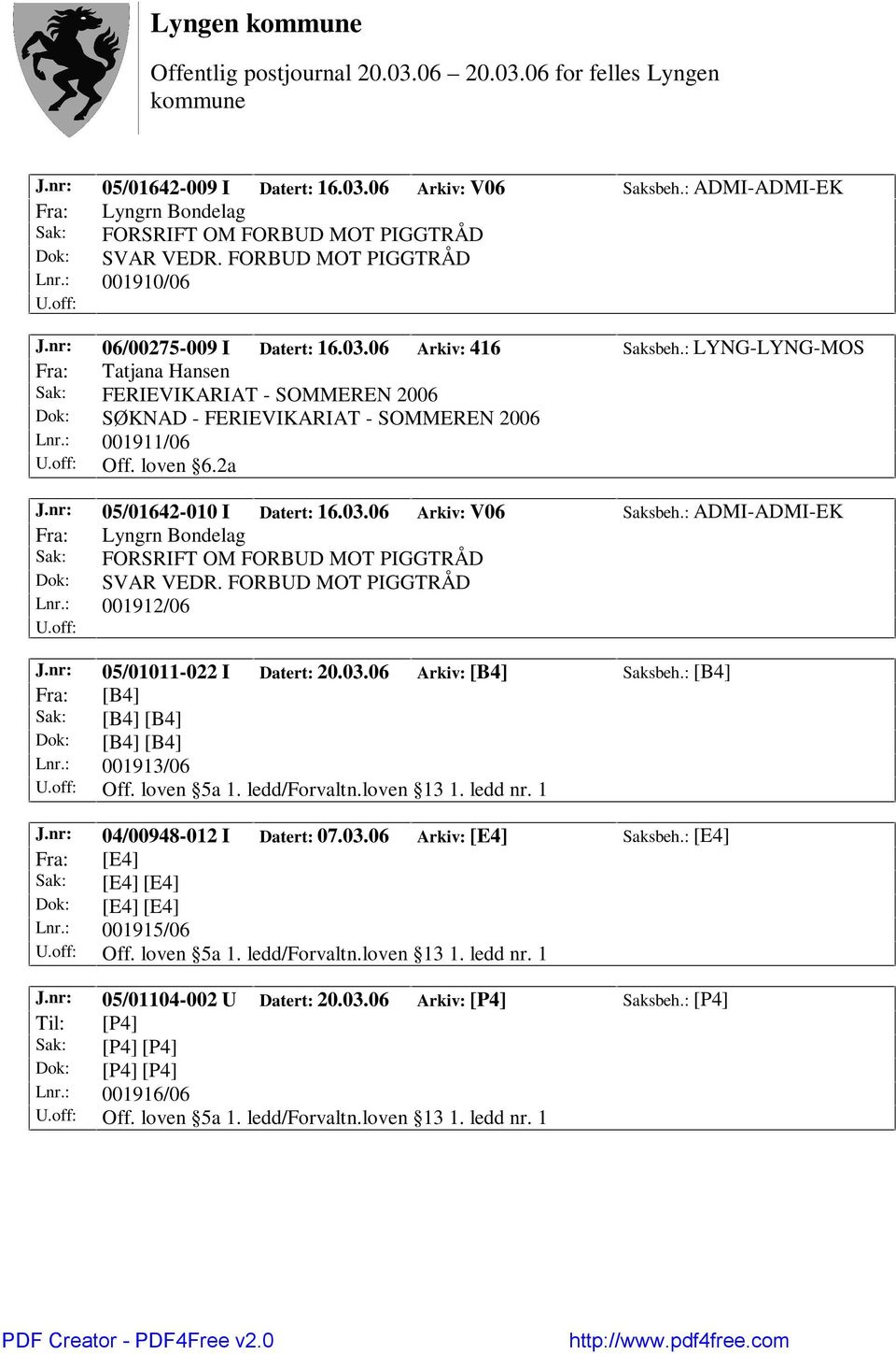 2a J.nr: 05/01642-010 I Datert: 16.03.06 Arkiv: V06 Saksbeh.: ADMI-ADMI-EK Fra: Lyngrn Bondelag Sak: FORSRIFT OM FORBUD MOT PIGGTRÅD Dok: SVAR VEDR. FORBUD MOT PIGGTRÅD Lnr.: 001912/06 J.