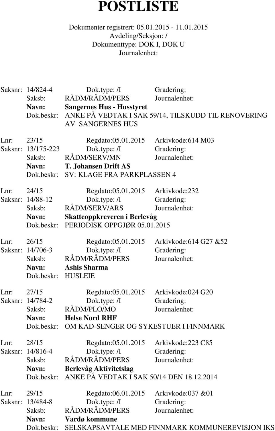 type: /I Gradering: Saksb: RÅDM/SERV/ARS Skatteoppkreveren i Berlevåg Dok.beskr: PERIODISK OPPGJØR 05.01.2015 Lnr: 26/15 Regdato:05.01.2015 Arkivkode:614 G27 &52 Saksnr: 14/706-3 Dok.