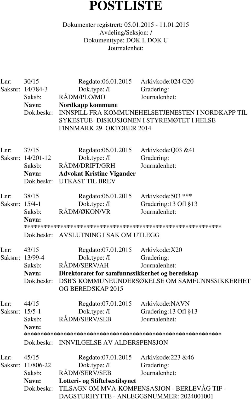 type: /I Gradering: Saksb: RÅDM/DRIFT/GRH Advokat Kristine Vigander Dok.beskr: UTKAST TIL BREV Lnr: 38/15 Regdato:06.01.2015 Arkivkode:503 *** Saksnr: 15/4-1 Dok.