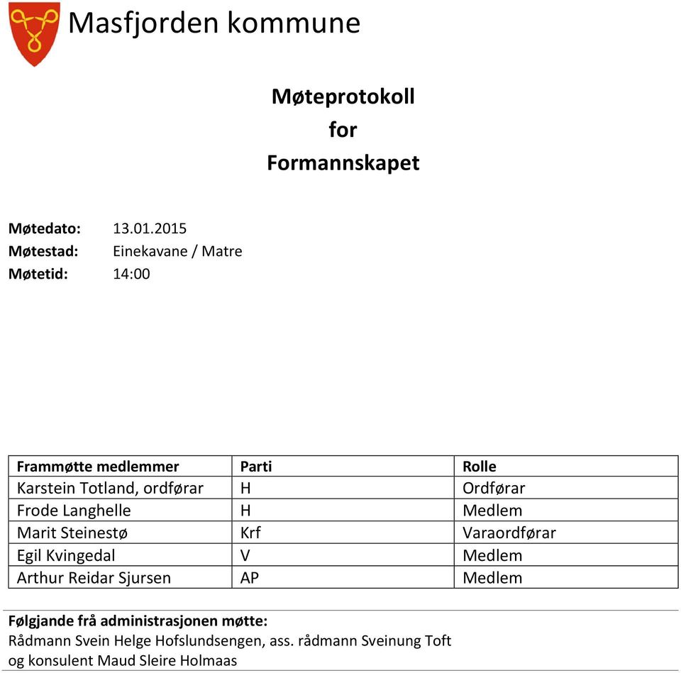 H Ordførar Frode Langhelle H Medlem Marit Steinestø Krf Varaordførar Egil Kvingedal V Medlem Arthur Reidar