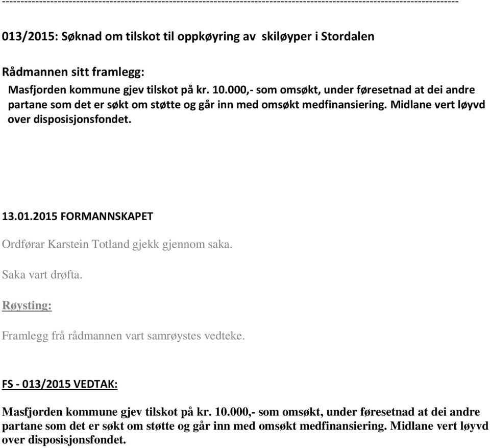 Midlane vert løyvd over disposisjonsfondet. Røysting: Framlegg frå rådmannen vart samrøystes vedteke.